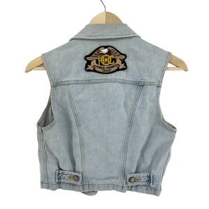 VINTAGE 90s Gap Worn Cropped Denim Vest with Harley Patch Sewn In Back